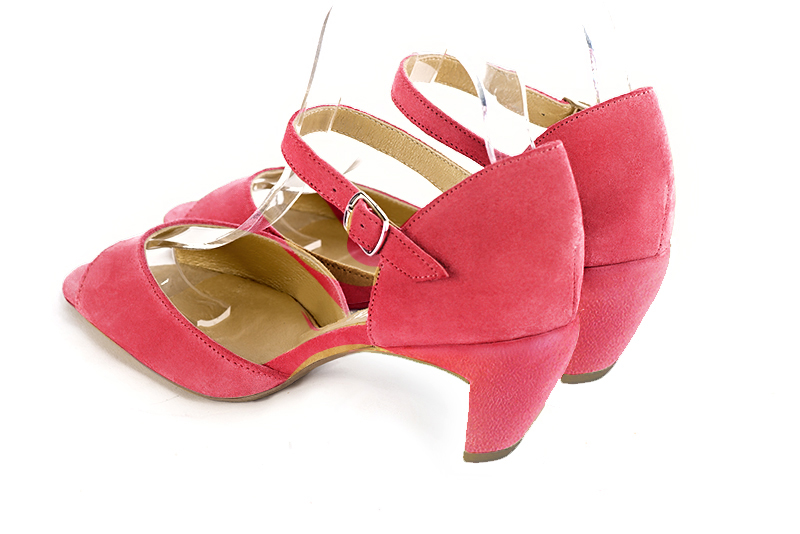 Carnation pink women's closed back sandals, with an instep strap. Square toe. Medium comma heels. Rear view - Florence KOOIJMAN